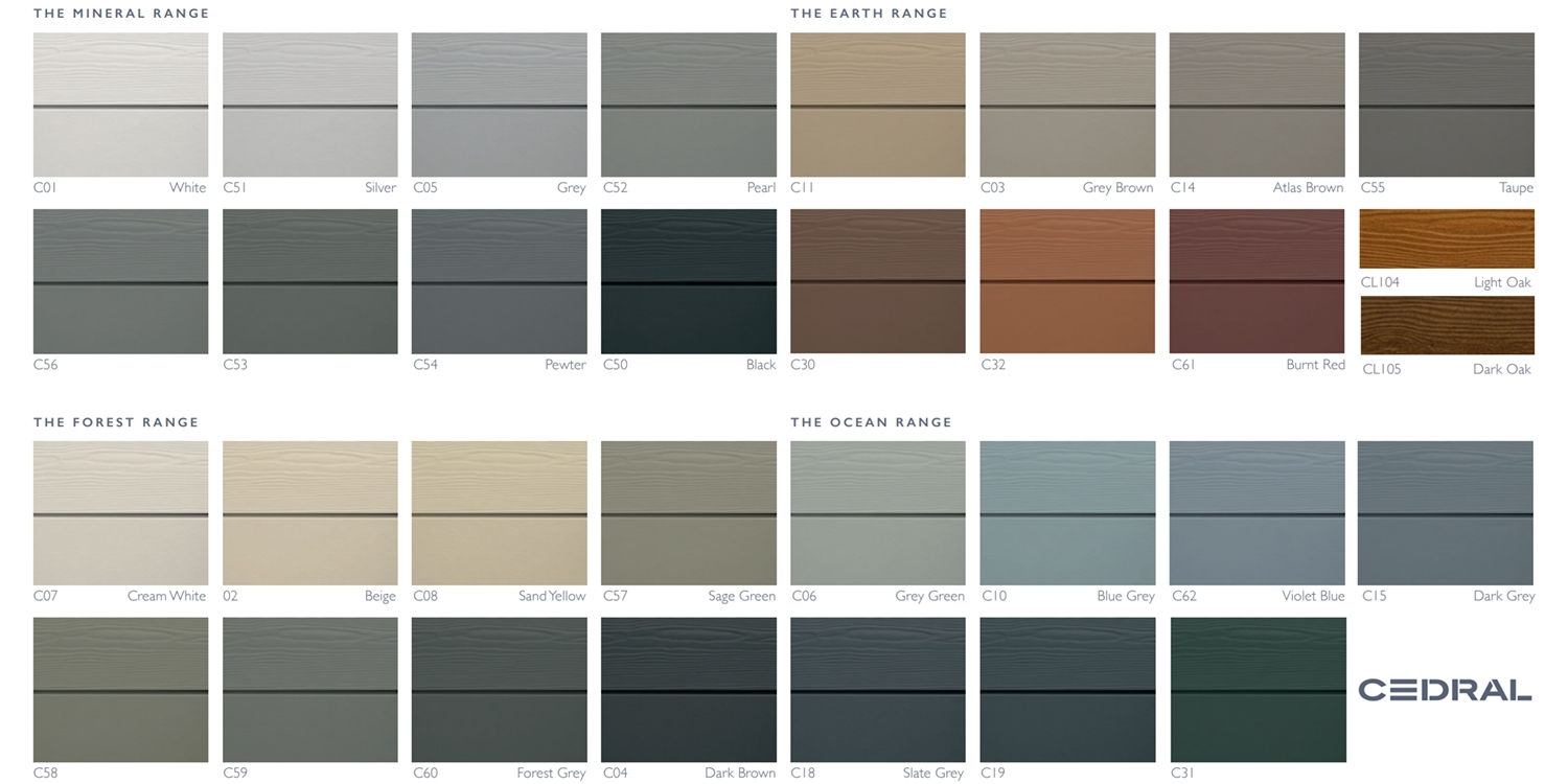 Wide range of Cedral external cladding colours and styles available at Boys and Boden builders merchants.